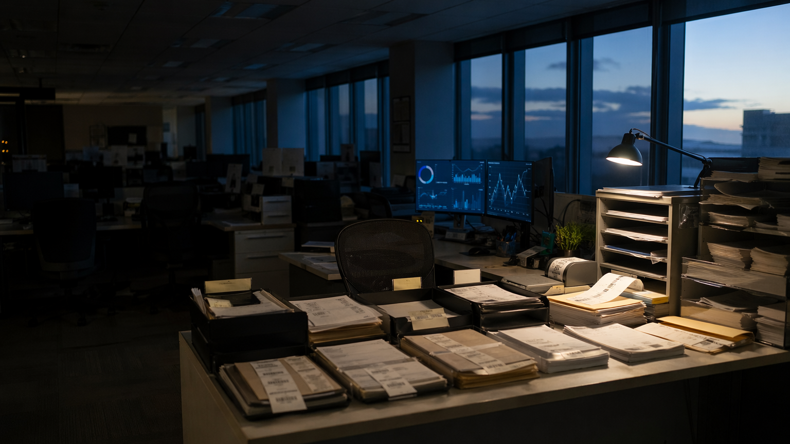 A dim enterprise operations office late at night with mostly empty desks, softly glowing dashboards, and messy tickets, folders, and records sorted into clean morning-ready stacks.