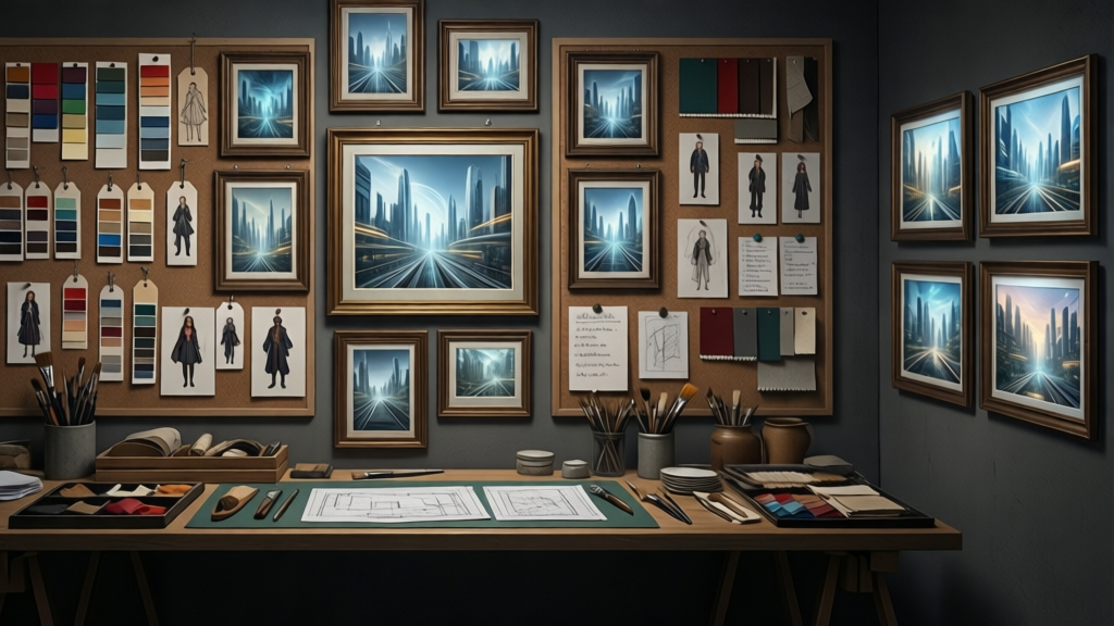 A dim studio wall covered with swatches, prop tags, character sheets, and approved image frames arranged to maintain one coherent invented world.
