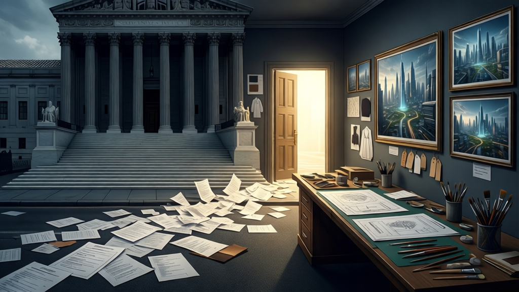 A dark Supreme Court building with empty front steps and a brightly lit side entrance, where loose unsigned court orders spill into the street while the main doorway remains closed.